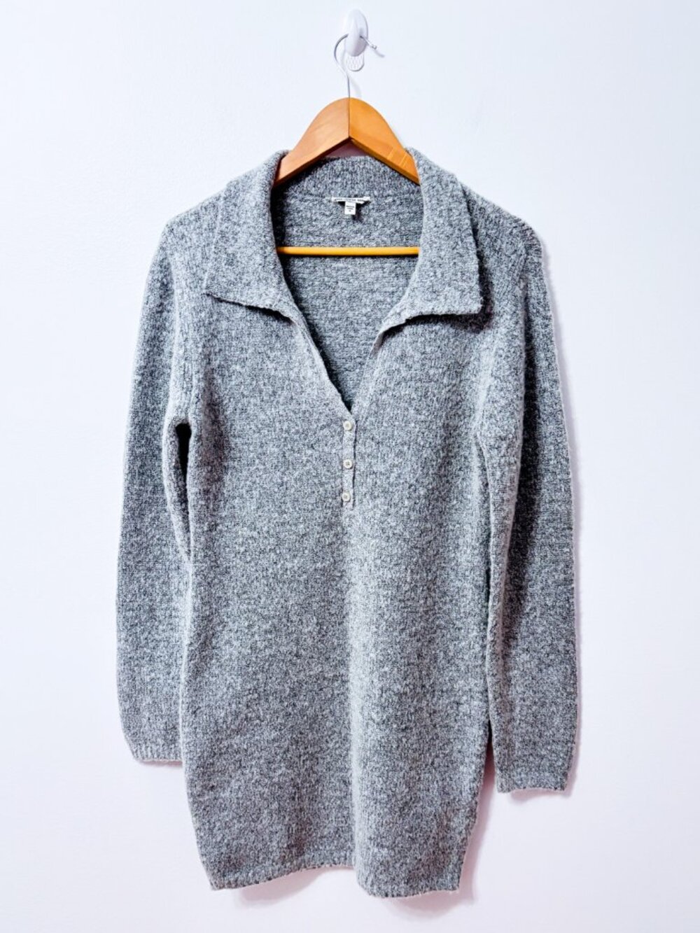GUESS Grey Marled Knit Collared V Neck Long Sleeve Sweater Dress Medium